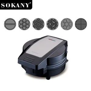 08104 Electric 6-in-1 Breakfast Maker with Interchangeable Discs Semi Automatic for Household Use Cake Waffle Donut Pizza Bread