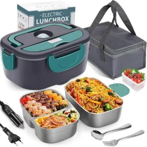 1.5L Electric Lunch Box 2 in 1 Car Home Heated Lunch Box 304 Stainless Steel Portable Food Warmer with Insulated Bag