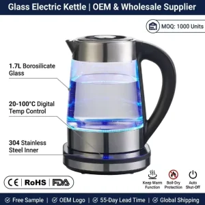1.7L Glass Electric Kettle 2200W Digital Temperature Control 20 100°C Adjustable Keep Warm Function OEM