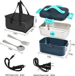 1.8L Electric Lunch Box 75W Household and Car Food Heater,12V/110V 304 Stainless Steel, Leak-proof Lunch Box