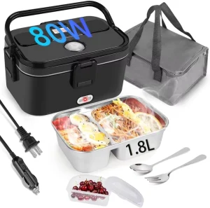 1.8L Portable Stainless Steel Removable Food Warmer Heater Electric Lunch Box with 2-Compartment for Car and Home
