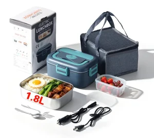 1.8L Stainless Steel Portable Electric Lunch Box with Heating Dual Use Electric Lunch Box for Cars and Families