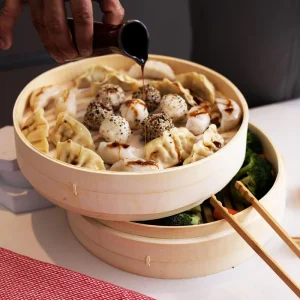 10-Inch Eco-Friendly Customizable Electric Induction Gas Steamer with 25cm Big Dim Sum Basket Chinese Bamboo Wood Steamers