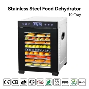 10 Tray 304 Food Grade Stainless Steel Body Digital Control Dishwasher Safe up to 75C FDA BPA Free Household Food Dehydrator