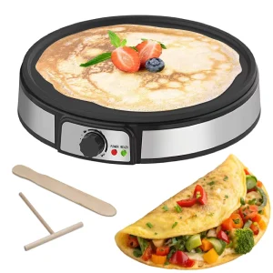 1000W Durable 12″ Electric Griddle Crepe Maker Machine Auto Power Portable Non-Stick Temperature Control for Household