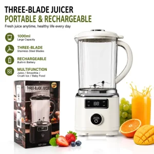 1000ml Portable Blender USB Rechargeable Juicer Cup 60W High Speed Stainless Steel Blades Digital Display Smoothie Maker 3000mAh