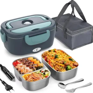 110V 24V 12V Stainless Steel Portable Electric Lunch Box with Plastic Lid Leak Proof Large Capacity for Cars Families