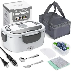 12V 24V 110V Portable Food Warmer 3 in 1 Ultra Quick Heated Electric Lunch Box for Adults With Fork Spoon and Insulated Carry Bag