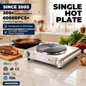 1500W Single Burner German Design Electric Stove Portable Hot Plate Cast Iron Surface Stainless Steel Housing Knob Temperature