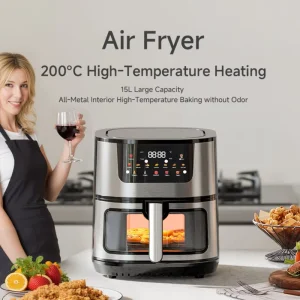 15L Large Capacity Visible Air Fryer Stainless Steel Multifunctional Home Baking Roasting All in One Electric Oven Grill
