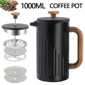 1L French Press Coffee Maker Stainless Steel Double Wall Insulated Coffee Pot with Real Wood Handle Home Party Use