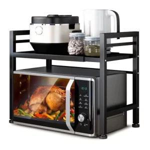 2 Tier Expandable Microwave Rack Countertop Storage Shelf for Kitchen Utensils and Tableware Carbon Steel Microwave Oven Stand