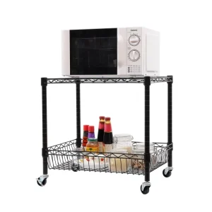2-Tier Wire Mobile Kitchen Food Cart Black Mini Fridge Stand Microwave Oven Rack Wire Storage Trolley for Dorm or Small Kitchen