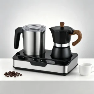 2 in 1 Electric Milk Frother & Moka Coffee Maker Double Heating Base Automatic Shut Off Fast Warm Milk Foamer for Hotel