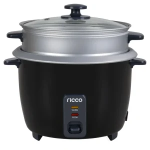 2.8L 1000W Black Electric Rice Cooker and Food Steamer with Measuring Cup Paddle Non-Stick Inner Pot and Glass Lid