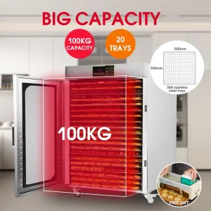 20 Trays Commercial Food Dehydrator 100KG Capacity Fruit Dryer 304 Food Grade Stainless Steel Material Made in Taiwan