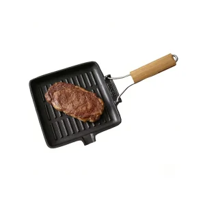 20cm Square Cast Iron Grill Pan with Wooden Handle Pre-Seasoned Ridged Steak Frying Pan for BBQ