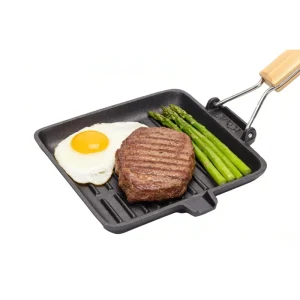 20x20cm Cast Iron Grill Pan with Wooden Handle Induction Compatible Cookware for Kitchen