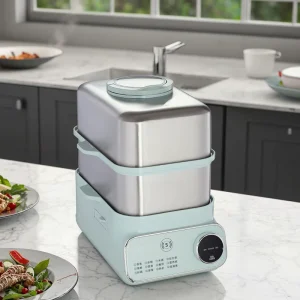 2100W Electric Food Steamer Rice Cooker Stainless Steel Two Tier Bowls 10L Capacity for Quick Healthy Cooking Vegetables Seafood