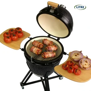 23.5/26 Inch Large Kamado Ceramic Grill Rotisserie Portable Charcoal BBQ Smoker Featuring Convection Heating Trolley