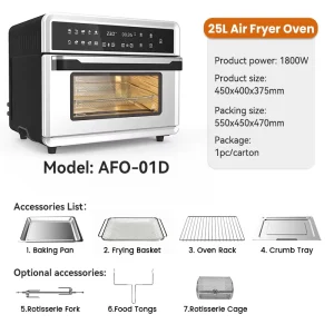 25L Multifunction Oven Stainless Steel Electric Air Fryer Toaster Pizza Combo with Digital Touch Screen for Home Cooking