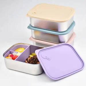 3 Compartment Leakproof Bento Lunch Boxes Stainless Steel Lunch Box for Kids With Silicone Lid Removable Divider