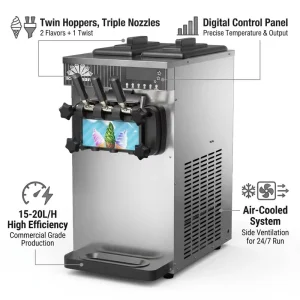 3-Head Soft Serve Ice Cream Machine 15-20L/H Commercial Countertop Frozen Yogurt Maker CE Certified for Shop & Cafe