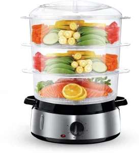 3 Tier Food Steamer Electric Vegetable Steamer with BPA Free Baskets and Rice Bowl 9 Litre Stainless Steel 800W Food Steamer