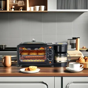 3 in 1 Breakfast Station Toaster with Frying Pan Portable Oven Breakfast Maker with Coffee Machine Non Stick Die Cast Grill