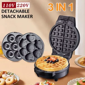 3 in 1 Detachable Snack Maker with 3 Interchangeable Plates for Waffles Donuts and Animal Shaped Treats Dual Voltage 110V 220V