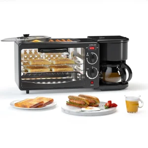 3 in 1 Electric Breakfast Maker Station with Non Stick Frying Pan Toaster Oven & Coffee Machine (Plastic Housing)