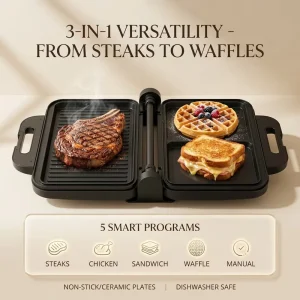 3 in 1 Sandwich Maker Digital Waffle Maker Grill Press with 5 Smart Programs Non stick Ceramic Plate Breakfast Machine