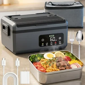 30000mAh Smart Car Compatible 1.5L Large Capacity Heated Rechargeable Electric Lunch Box Stainless Steel Food Warmer