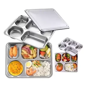304 Stainless Steel 5 Compartment Lunch Tray Steel Lid School Fast Food Canteen Divided Dinner Mess Plates Bending Included