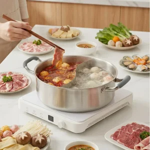 304 Stainless Steel Korean Dual Hot Pot Cooker Tempered Glass Lid Induction Gas Stove Compatible Anti-Scaling Household