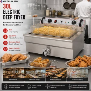 30L Commercial Electric Deep Fryer Stainless Steel Single Tank Countertop Fryer for Restaurant Donut Funnel Cake