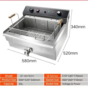 30L Commercial Electric Deep Fryer Thickened Stainless Steel Large Capacity European Style Countertop Frying Machine