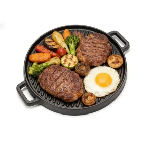30cm Cast Iron Grill Pan Pre-Seasoned Ribbed Skillet for Steak BBQ Induction Compatible