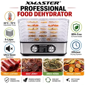 350W Electric Mini Food Dehydrator 5 Layer Stainless Steel Tray Dryer Eco Friendly Design Temperature Display 360 Cycle Heating