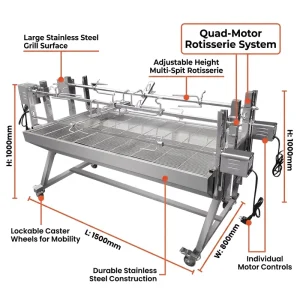 4 Motors Rotisserie Grill Lamb Roaster Professional Automatic Vertical Rotisserie Commercial Industrial 85kg Load
