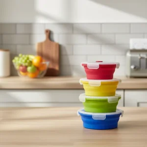 4PCS Silicone Round Collapsible Folding Leakproof Lunch Box with Over Portable Storage for Home Outdoor Use