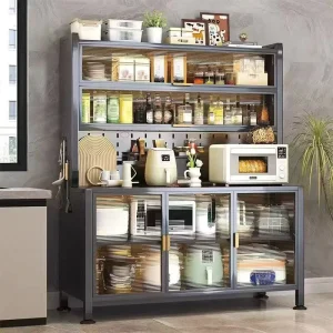 5-Layer Kitchen Storage Cabinet with Wheels Steel Pantry Cupboard for Microwave Pan Dish Organizer Tableware Glass Door