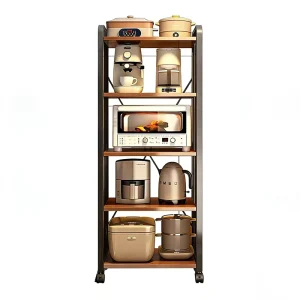 5-Tier Mobile Kitchen Baker’s Rack on Wheels Microwave Oven Stand Wood Metal Utility Storage Organizer Shelf Factory
