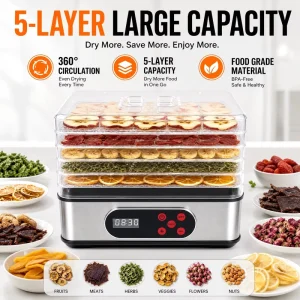 5 Trays Household Electric Food Dehydrator with Digital Control Pet Food Drying Fruit Plastic Housing Dryer 350W