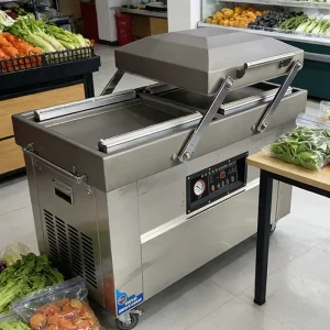 500PD Electric Semi Automatic Stainless Steel Wood Dual Chamber Vacuum Packing Machine Commercial Food Sealer for Factory Store