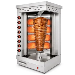 8 Burner Gas Fired Vertical Chicken Shish Kebab Machine Automatic Rotation Mini Shawarma Production Skewer High Productivity