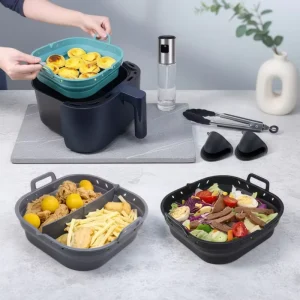 8.5″ 9″ Eco Friendly 2.5mm Thick Nonstick Dishwasher Safe Collapsible Reusable Square Air Fryer Silicone Liners With Divider