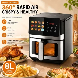 8L Large Capacity Air Fryer Oven Visual Window Stainless Steel Smart Touch Screen 12 Presets 360 Rapid Air Circulation