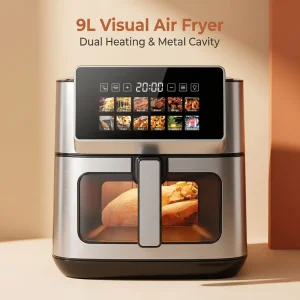 9L Stainless Steel Air Fryer Oven 1800W Top and Bottom Dual Heating 90 Mins Timer Digital Visual Large Capacity ETL CE CB