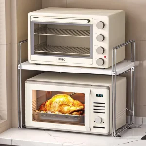 Adjustable Retractable Metal Microwave Oven Rack Expandable Kitchen Storage Shelf Double Layer Flexible Size for Small Kitchens